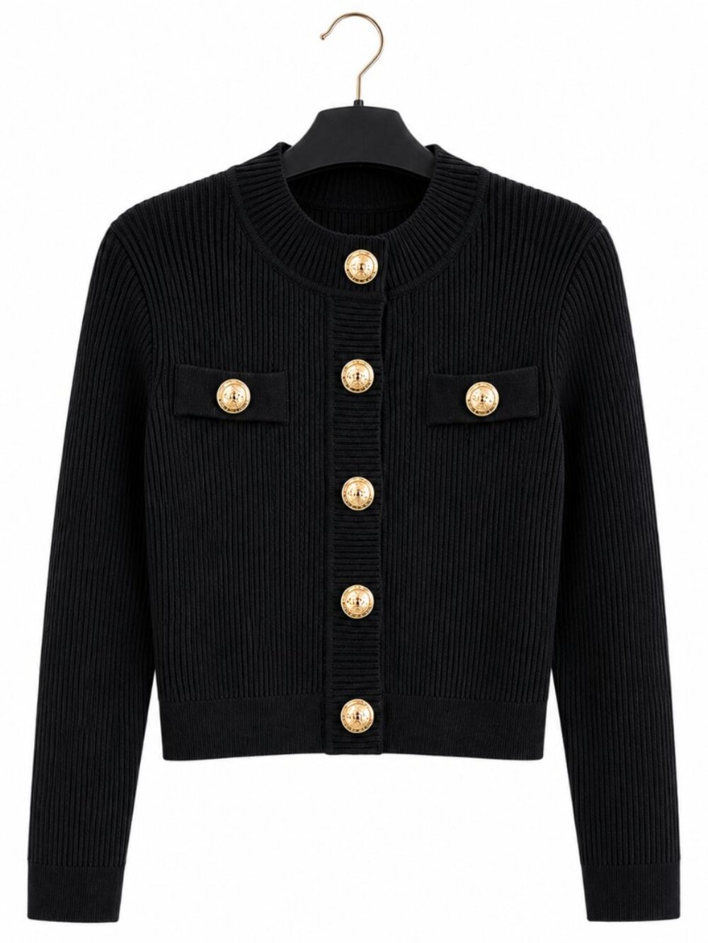 Black Ribbed Knit Cropped Cardigan Gold Buttons Snap Front Size S